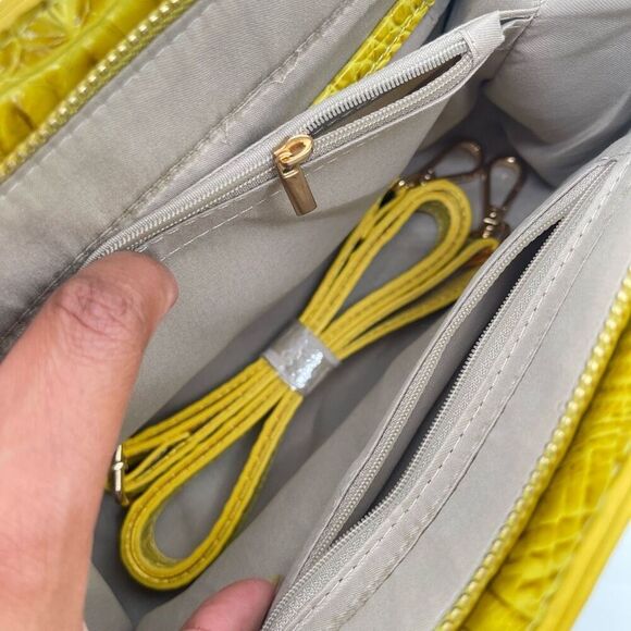 Yellow Croc Embossed Faux Leather Structured Satchel – Medium Top Handle Bag - Picture 11 of 17